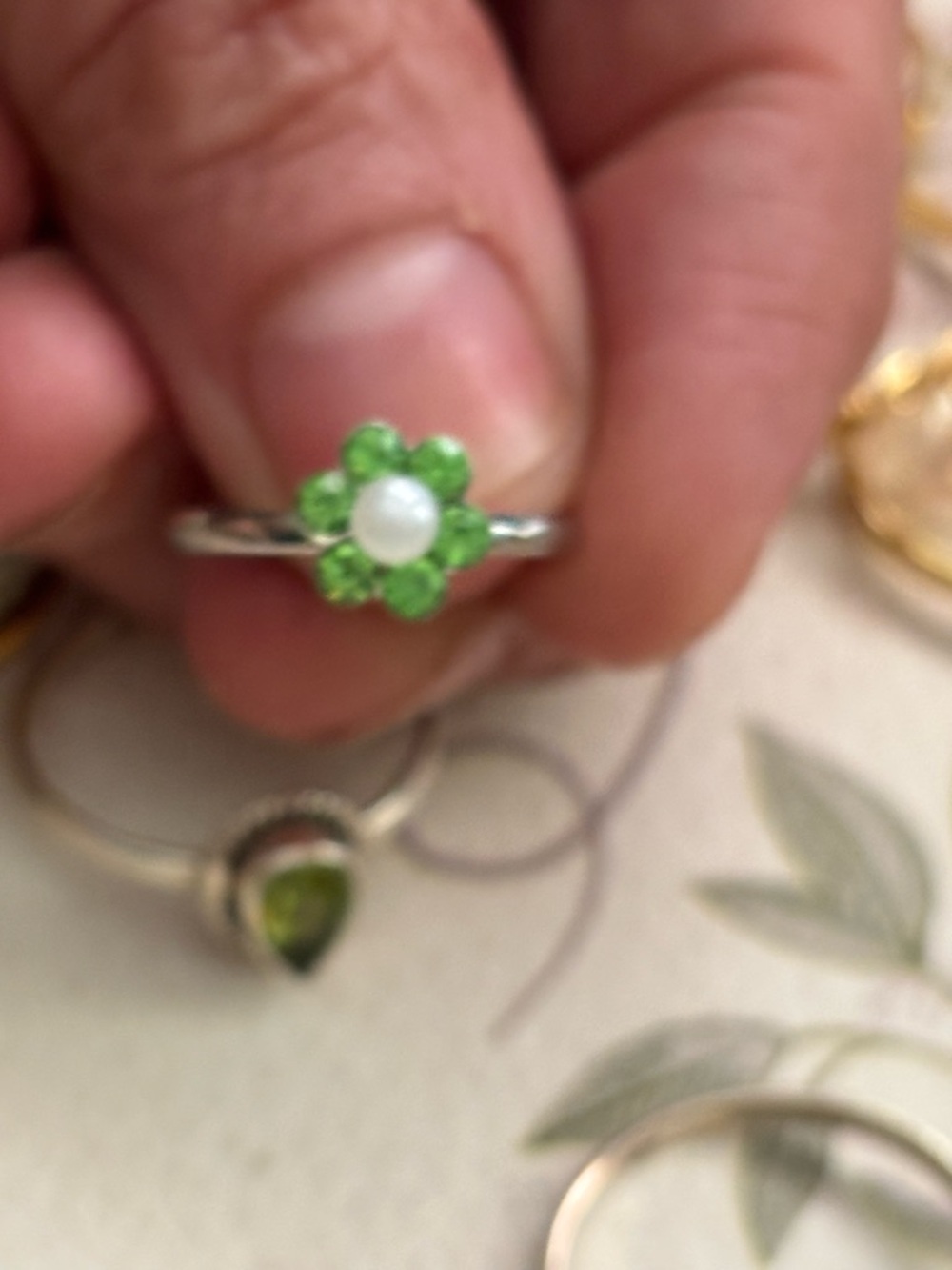 Silver Flower Ring with Green Stones and Pearl Center size 4 adjustable - Picture 2 of 4
